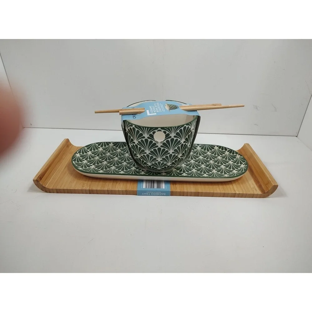 Crofton Stoneware Large Noodle‎ Bowl With Chopstick Holders+Tray+Bamboo Tray.